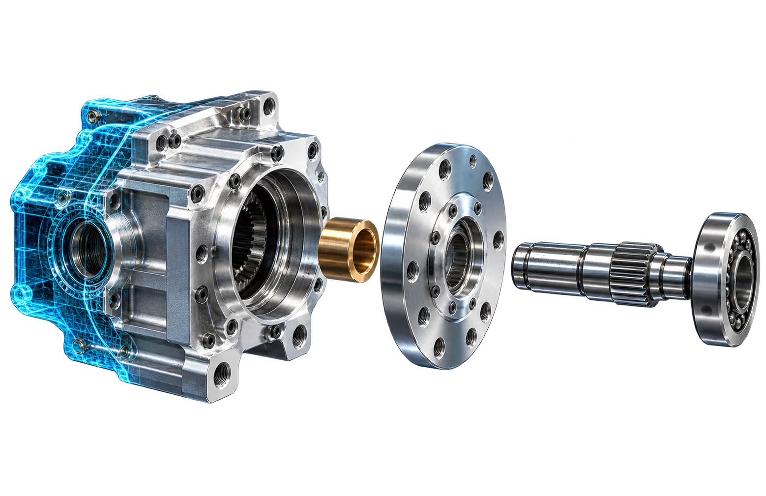 Exploded mechanical assembly illustrating housing, shaft and component interfaces