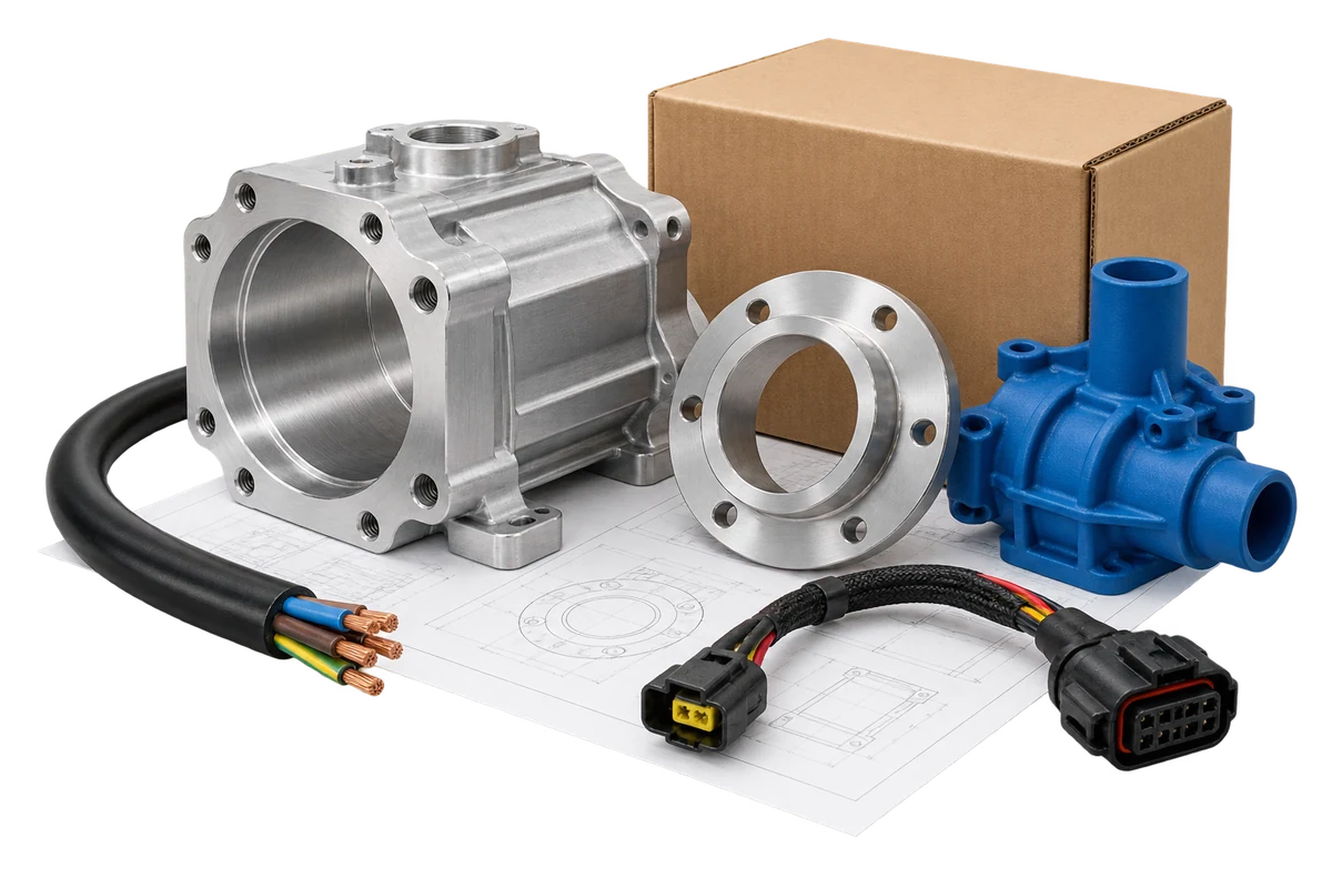 Illustrative industrial components, wiring, drawing and packing carton