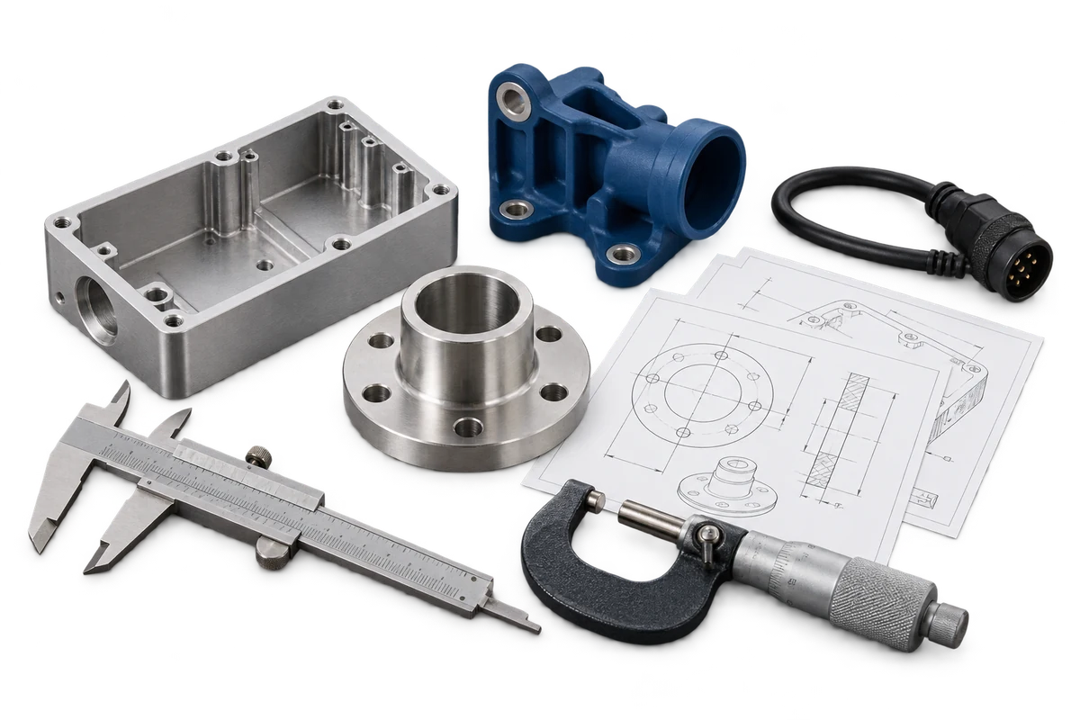 Illustrative component samples, engineering drawings, vernier caliper and micrometer