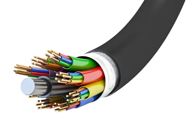 Industrial cable cutaway showing multiple insulated conductors, screening and outer jacket