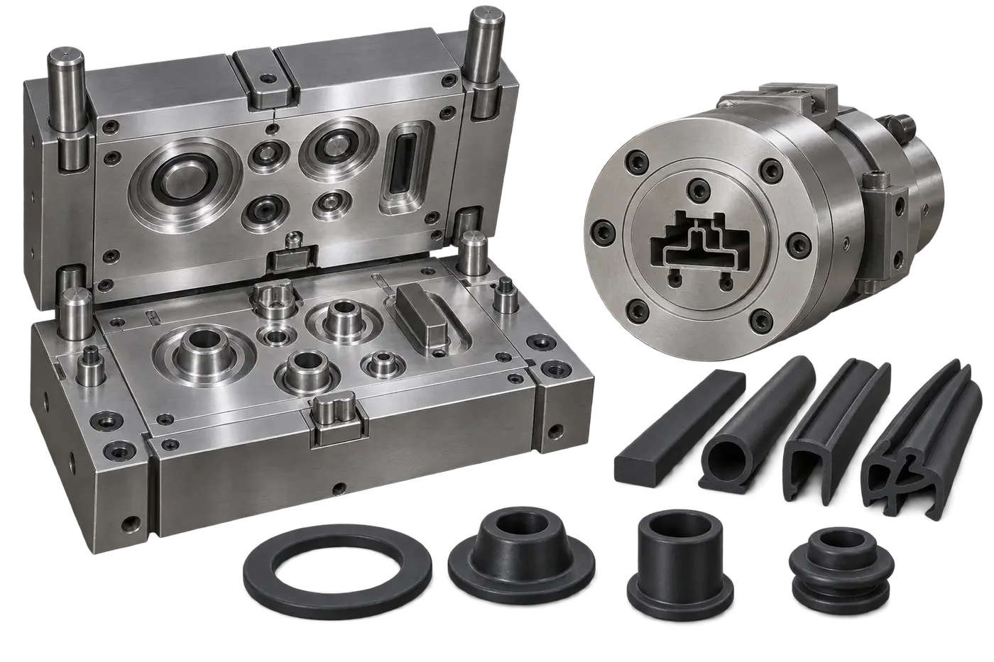 Illustrative rubber mould extrusion die and elastomer parts