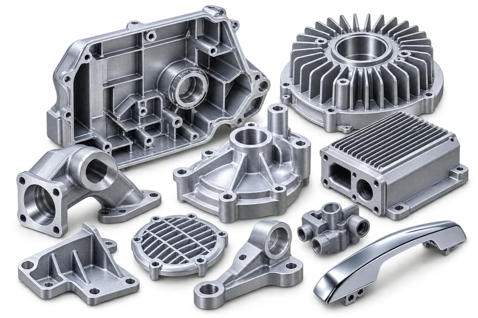Illustrative cast housings brackets and finned metal components
