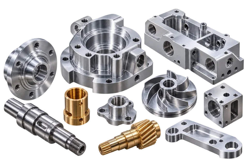 Illustrative machined metal housings, shafts, flanges and fittings