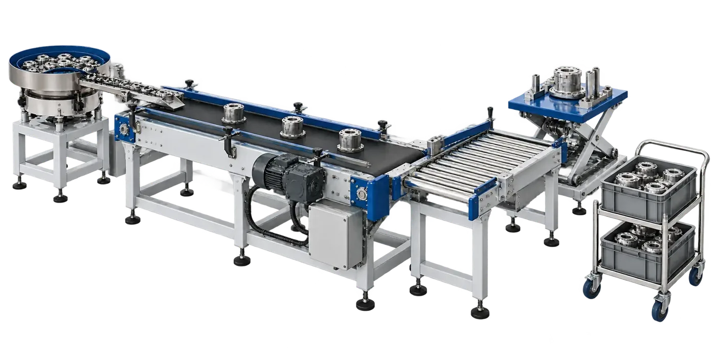 Illustrative conveyor transfer station feeder and industrial trolley
