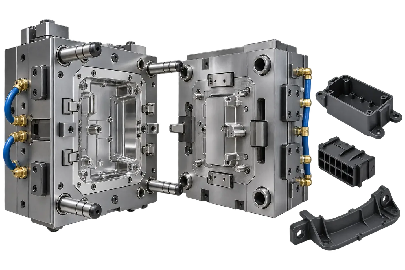 Illustrative plastic injection mould and moulded components