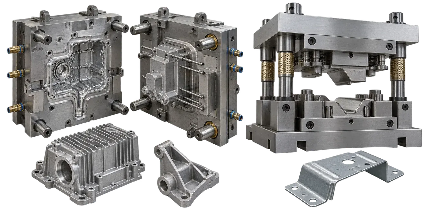 Illustrative die casting die and press tool with metal components
