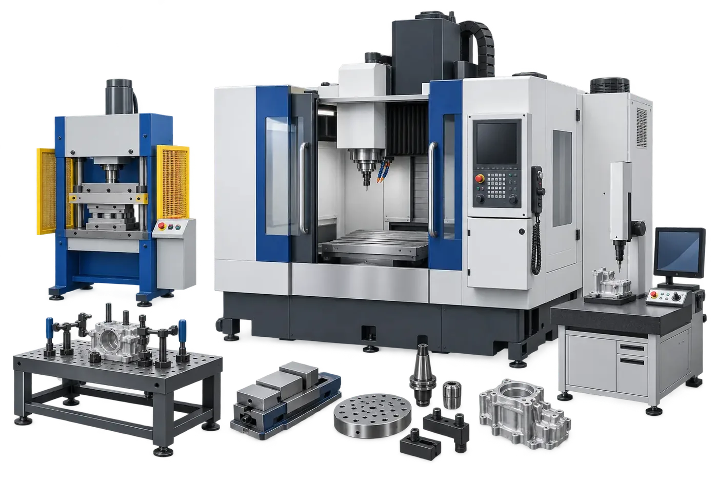 Illustrative machining press fixture and production testing equipment