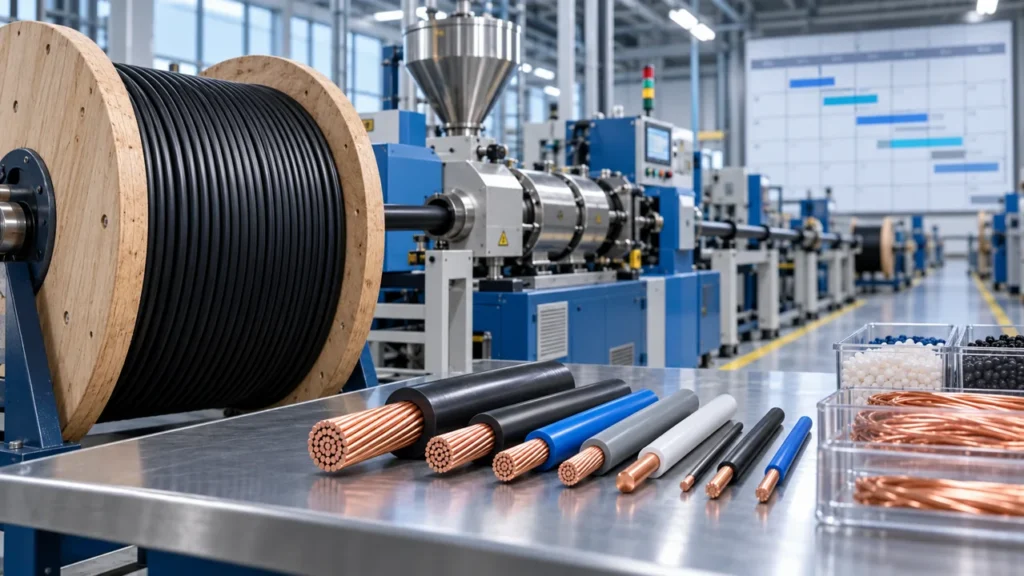 Editorial illustration: cable spool, conductor samples and production planning.