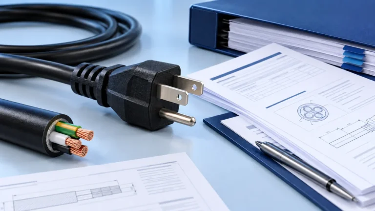 Editorial illustration: power cord, plug and technical documentation on an inspection desk.