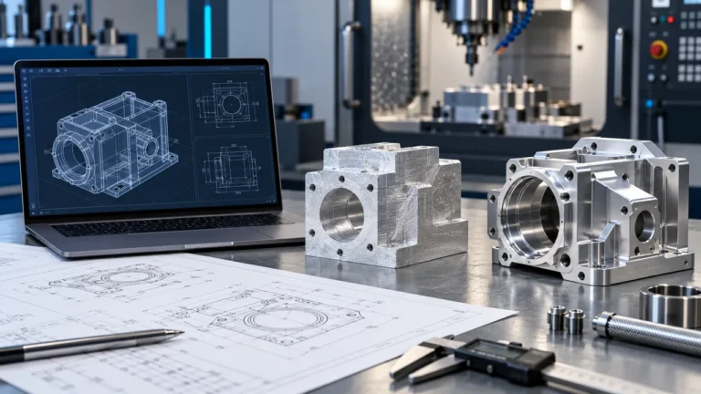 Editorial illustration: engineering drawings, a machined prototype and a finished housing.