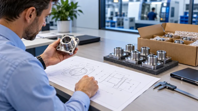 Editorial illustration: buyer reviewing a technical brief and industrial component sample.