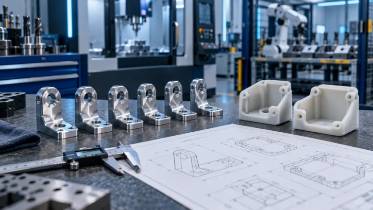 Editorial illustration: small batch of machined brackets and polymer prototype housings.