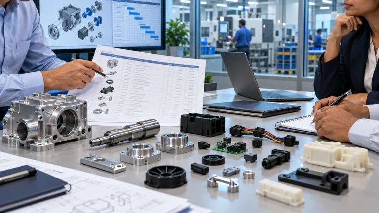 Editorial illustration: engineering and purchasing review of industrial component samples.