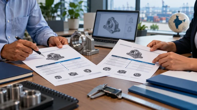 Editorial illustration: procurement discussion with supplier proposals and a component sample.