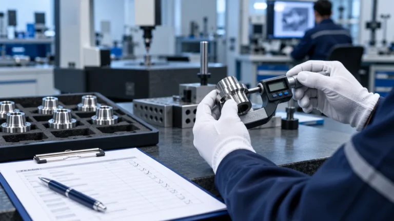 Editorial illustration: dimensional inspection of a turned metal component.