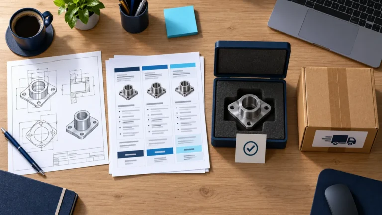 Editorial illustration: rfq documents, quote comparison and an approved component sample.