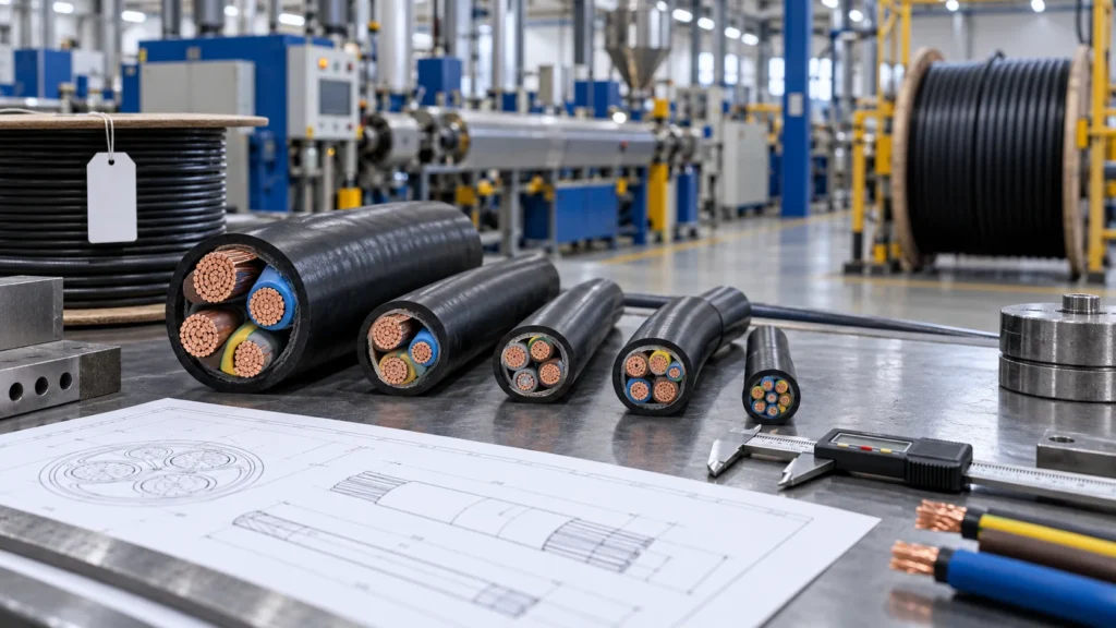 Industrial cable samples, inspection caliper and technical drawings on a workbench, with cable production equipment behind.